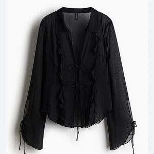 Divided H&M Black Sheer Ruffle Tie Blouse Small Women's NWT